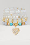 Rhinestone Heart Charm Beaded Stretch Bracelets Set of 5