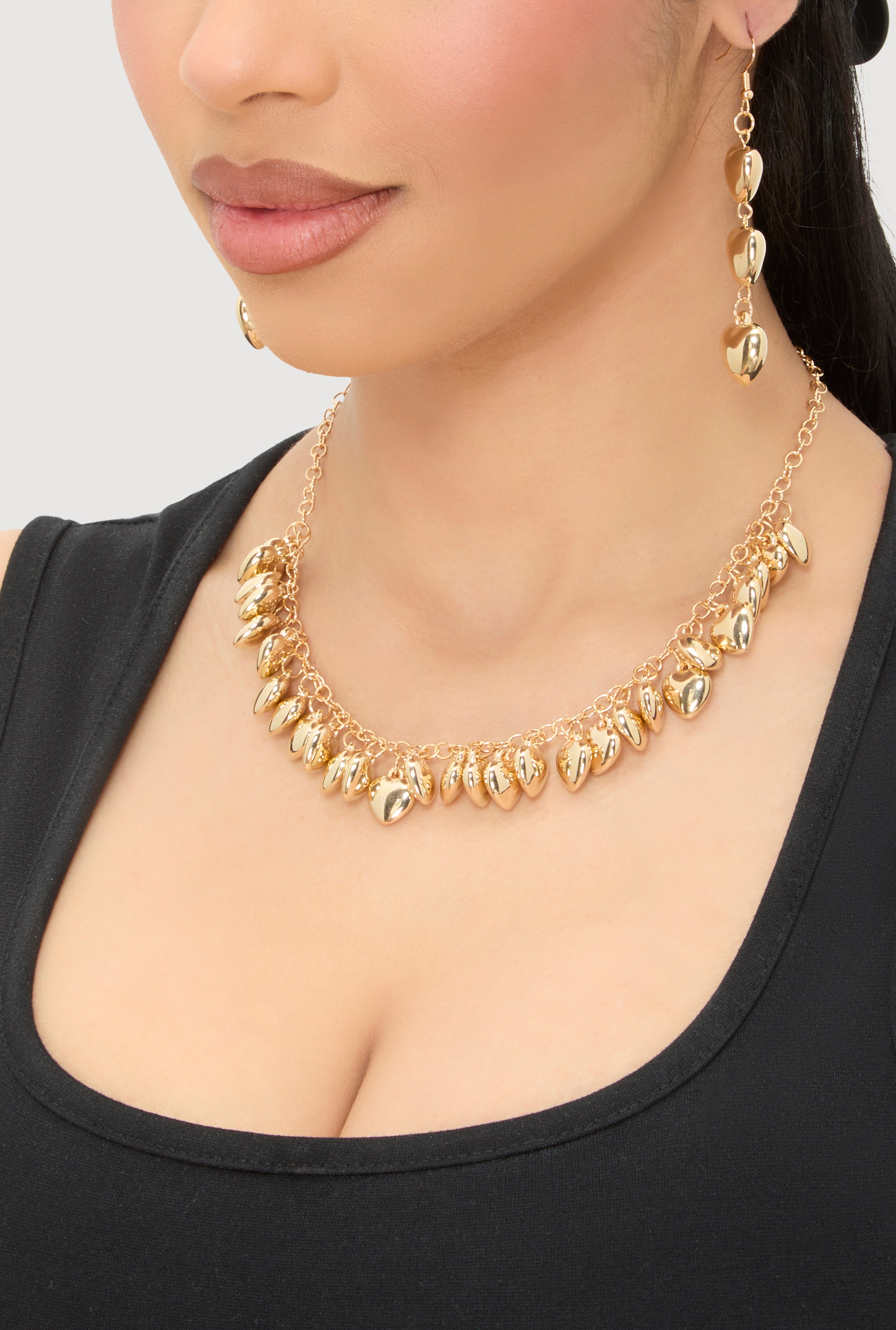 Metallic Puff Heart Necklace and Drop Earrings Set