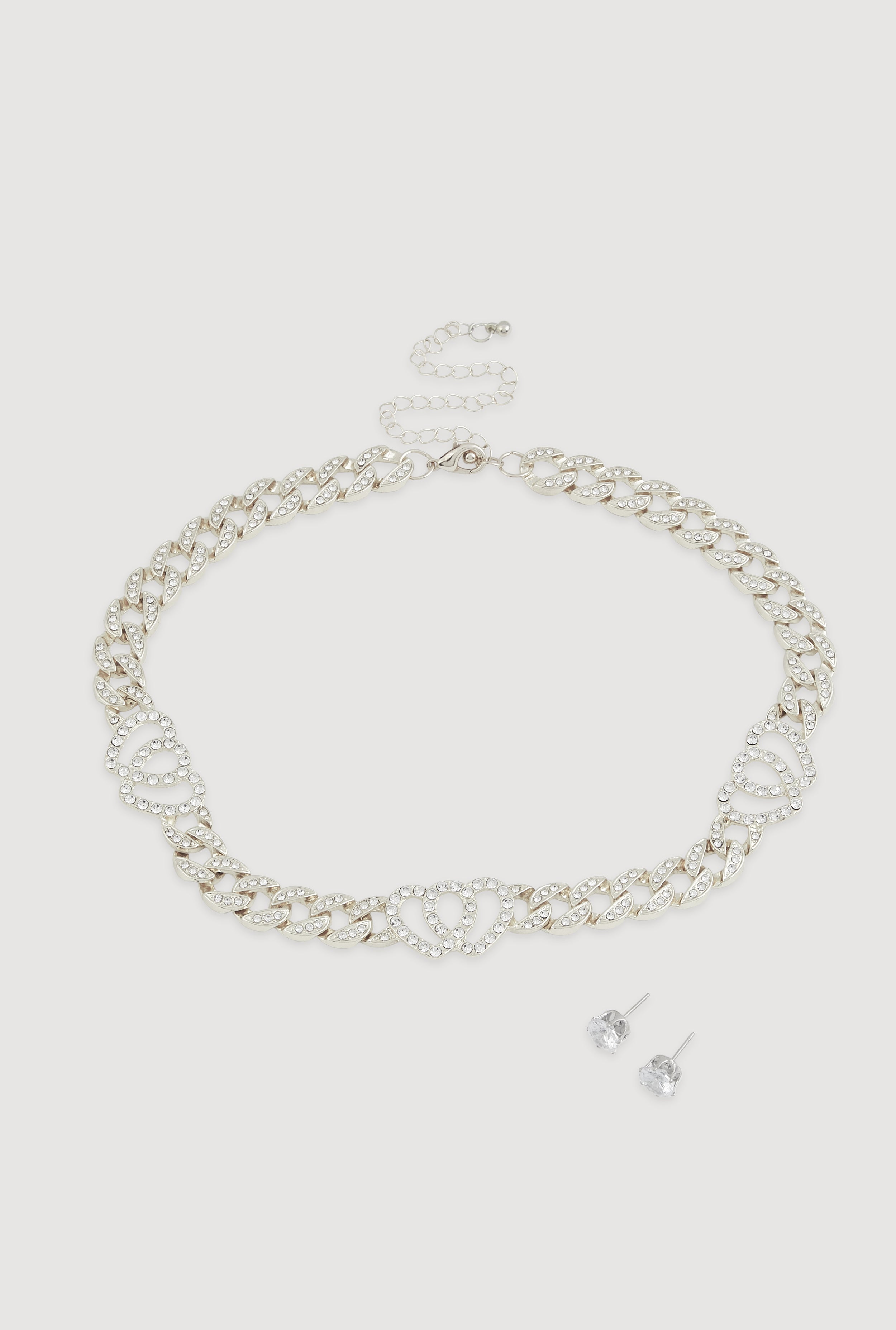 Cubic Zirconia Heart Curb Chain Necklace with Stud Earrings