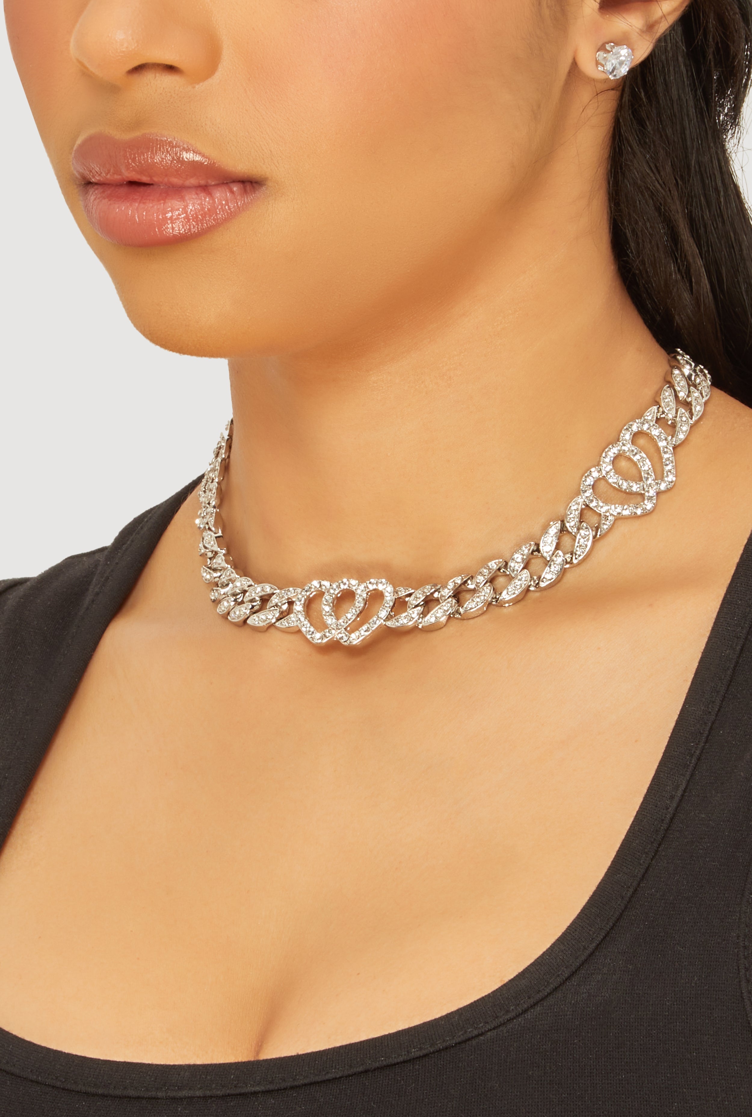Cubic Zirconia Heart Curb Chain Necklace with Stud Earrings
