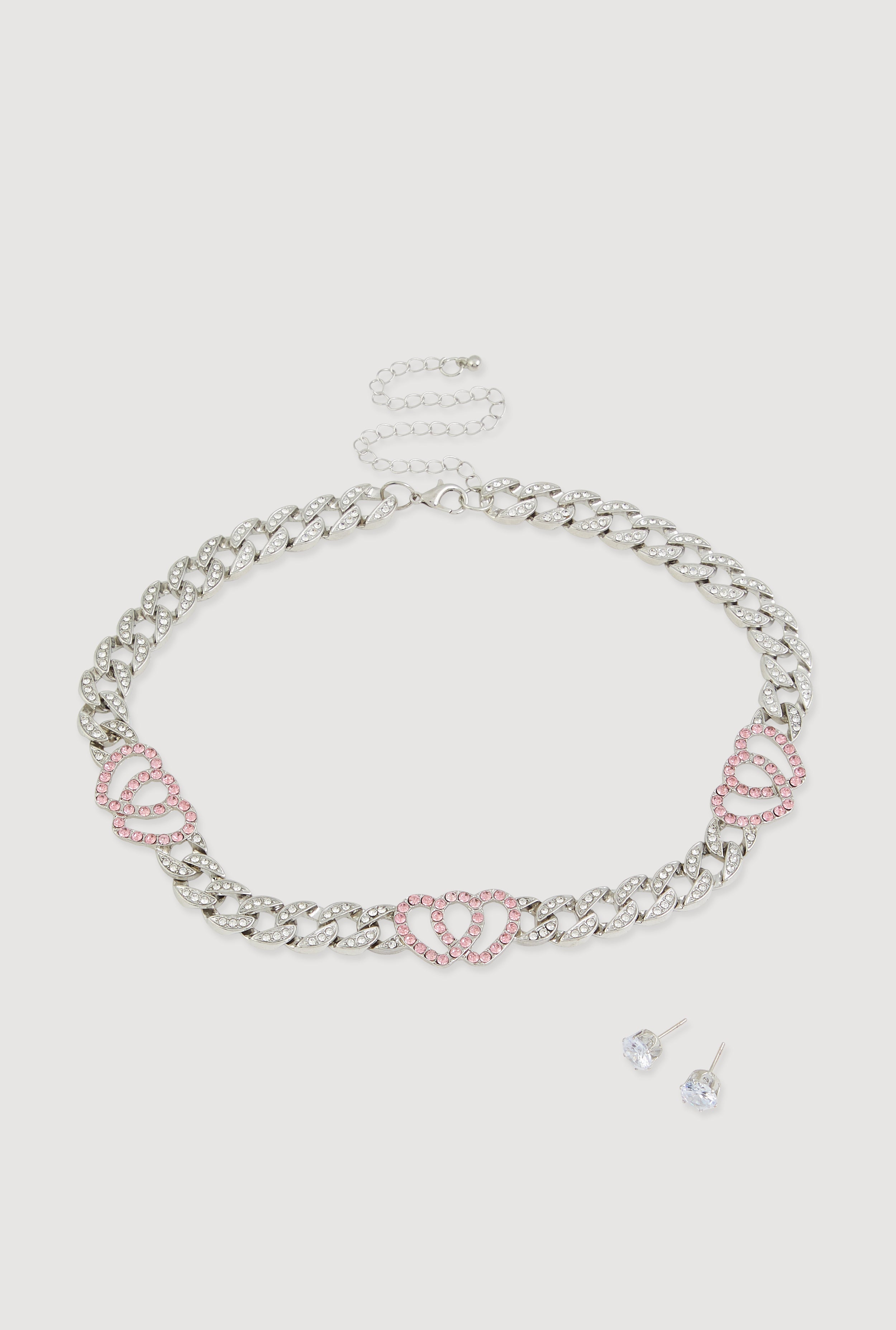 Cubic Zirconia Heart Curb Chain Necklace with Stud Earrings
