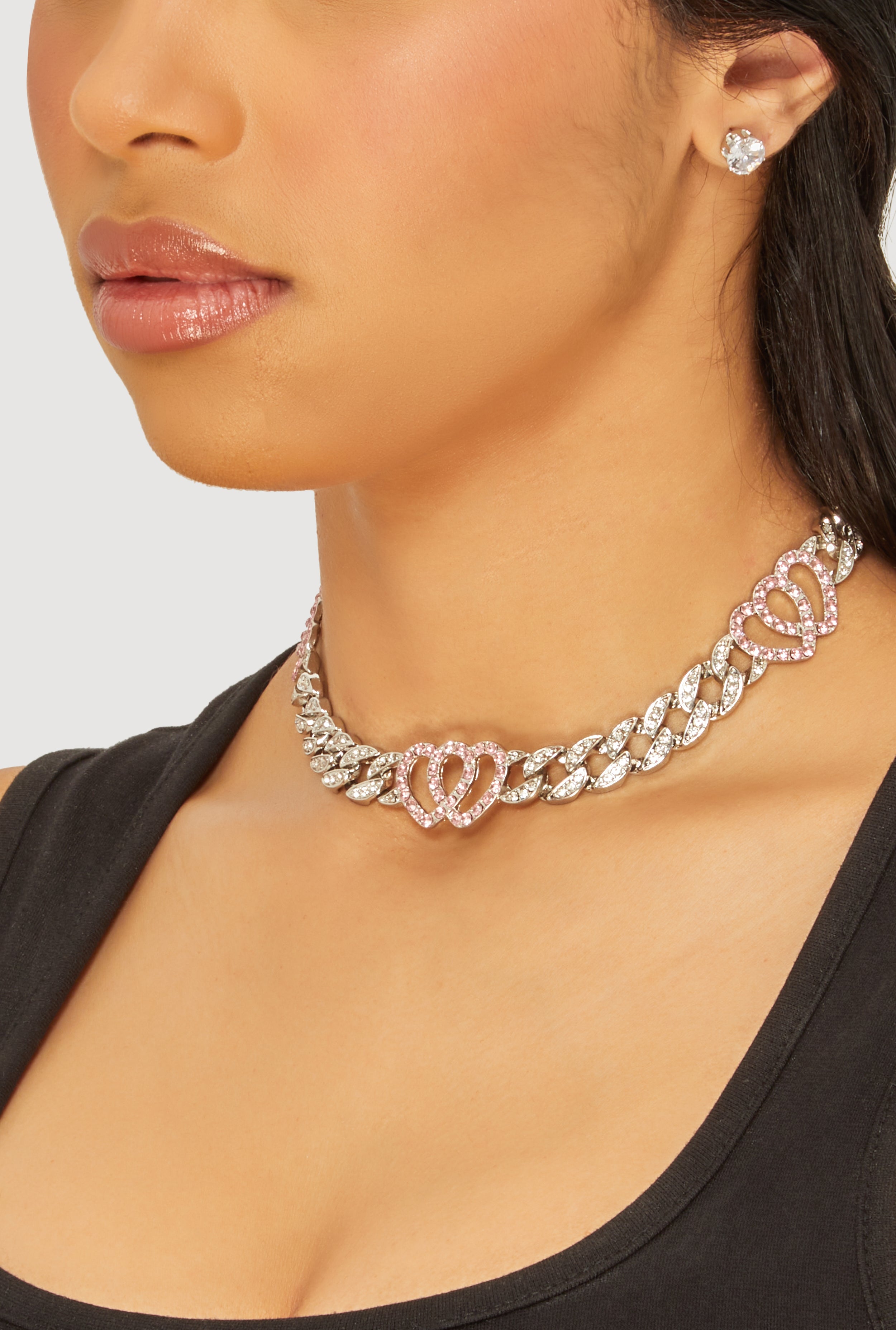 Cubic Zirconia Heart Curb Chain Necklace with Stud Earrings