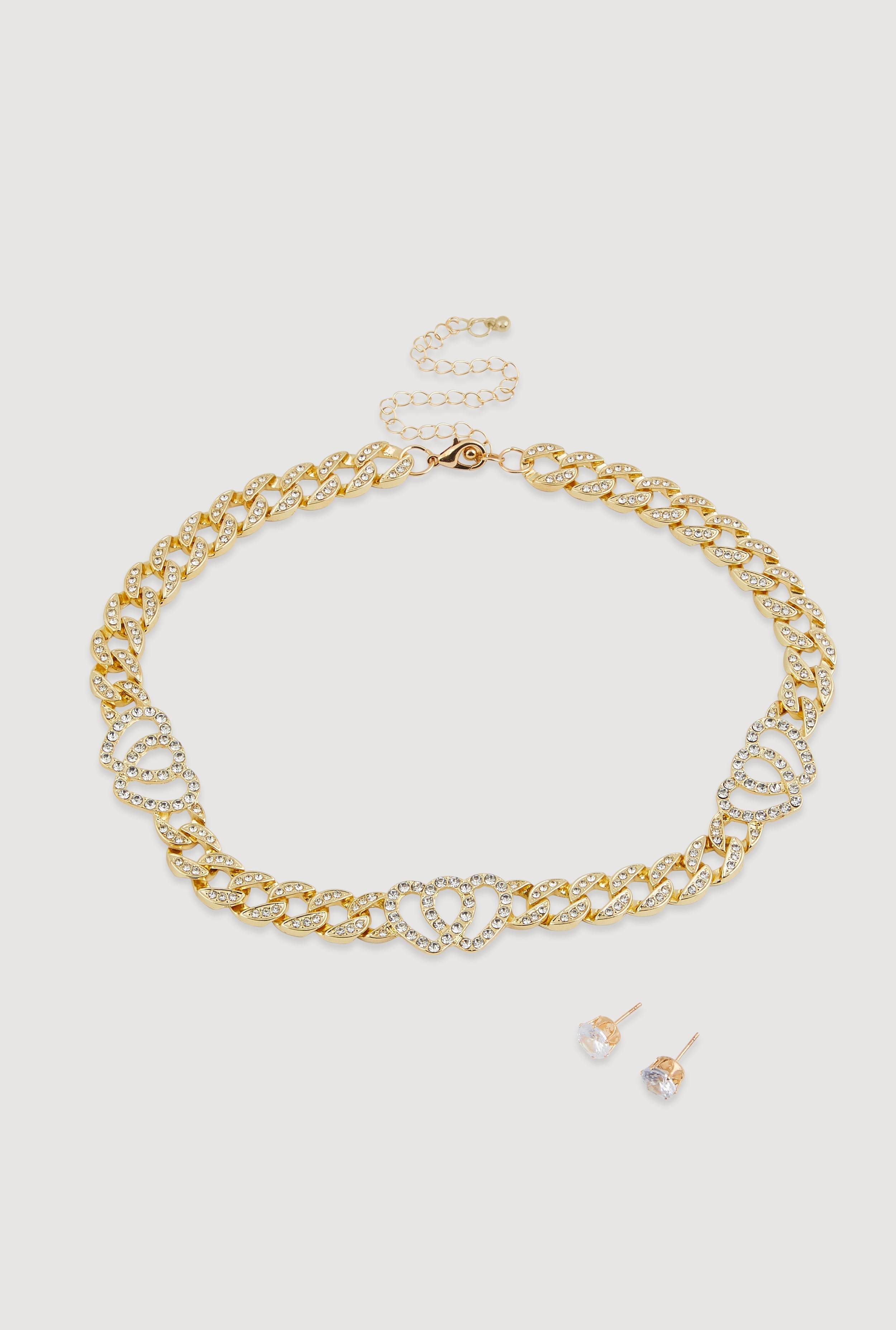 Cubic Zirconia Heart Curb Chain Necklace with Stud Earrings