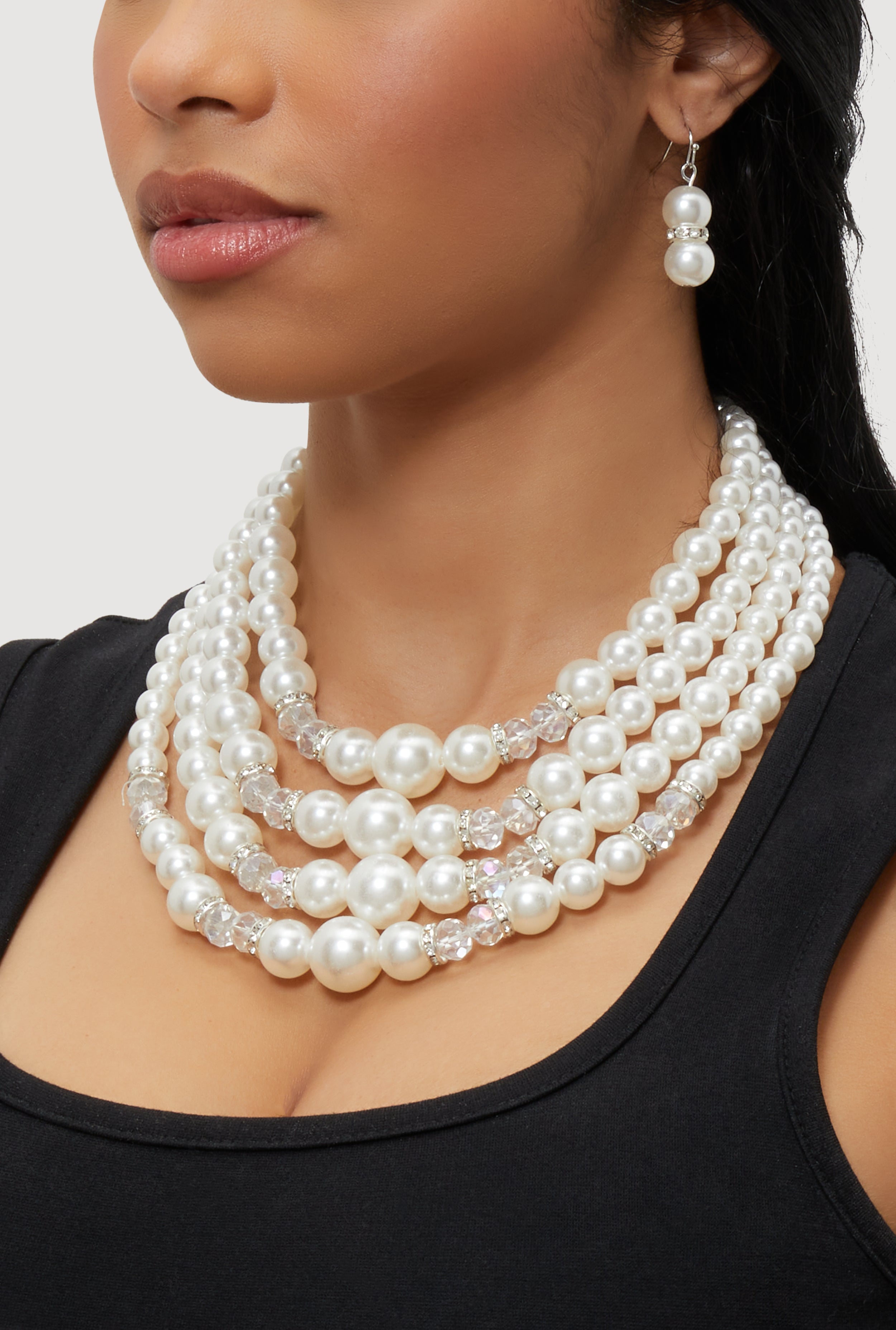 Faux Pearl Rhinestone Beaded Layered Necklace with Drop Earrings