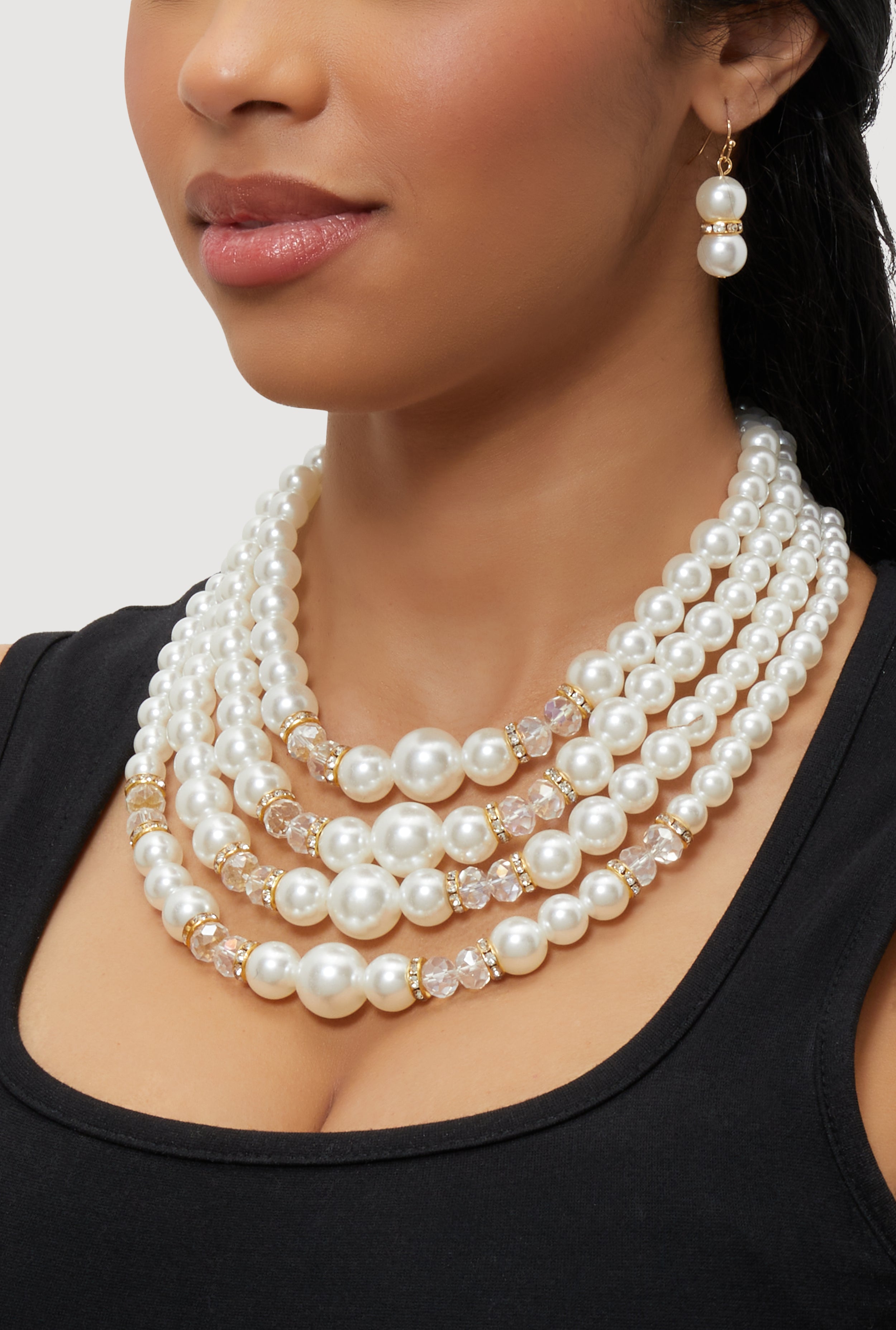 Faux Pearl Rhinestone Beaded Layered Necklace with Drop Earrings