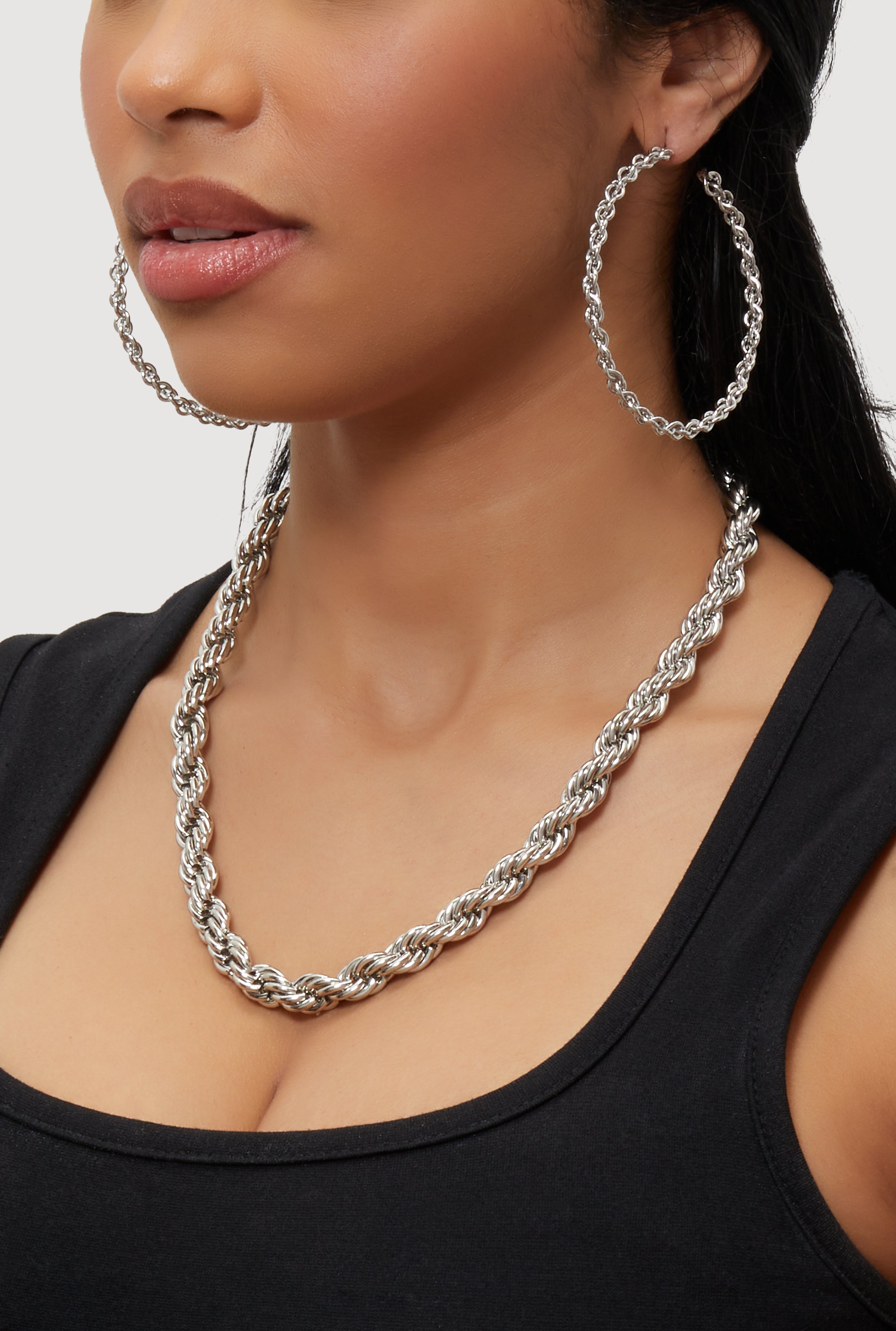 Twisted Rope Chain Necklace with Hoop Earrings