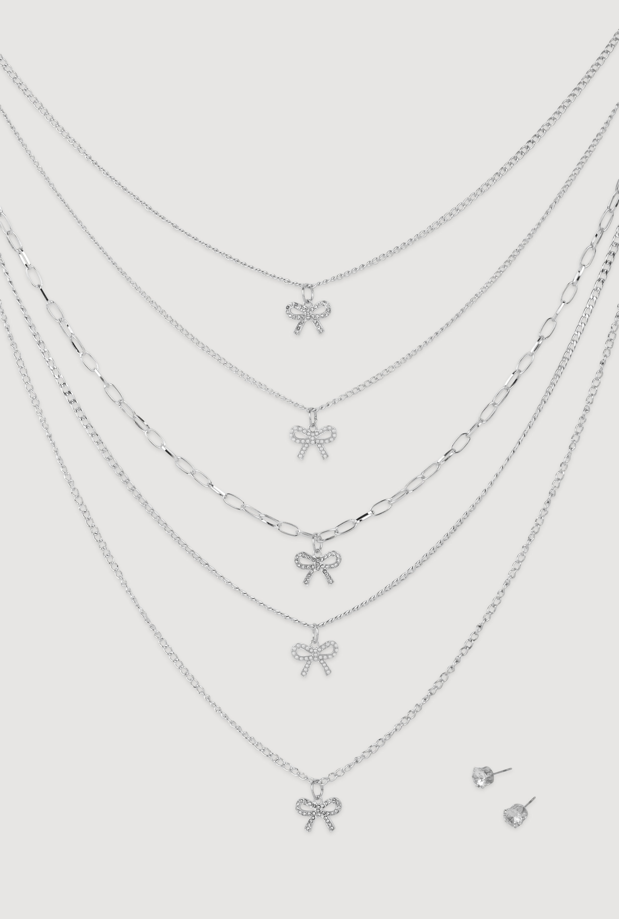 Elegant Cubic Zirconia Bow Detail Layered Necklace Set