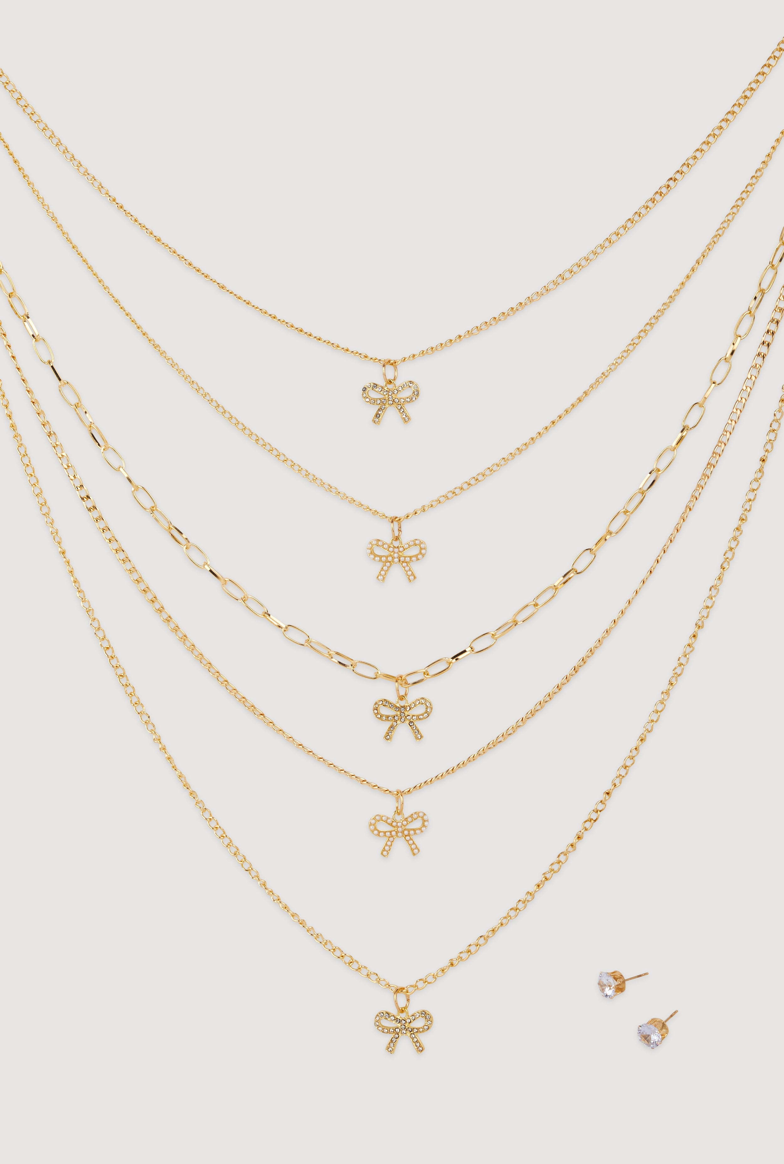 Elegant Cubic Zirconia Bow Detail Layered Necklace Set