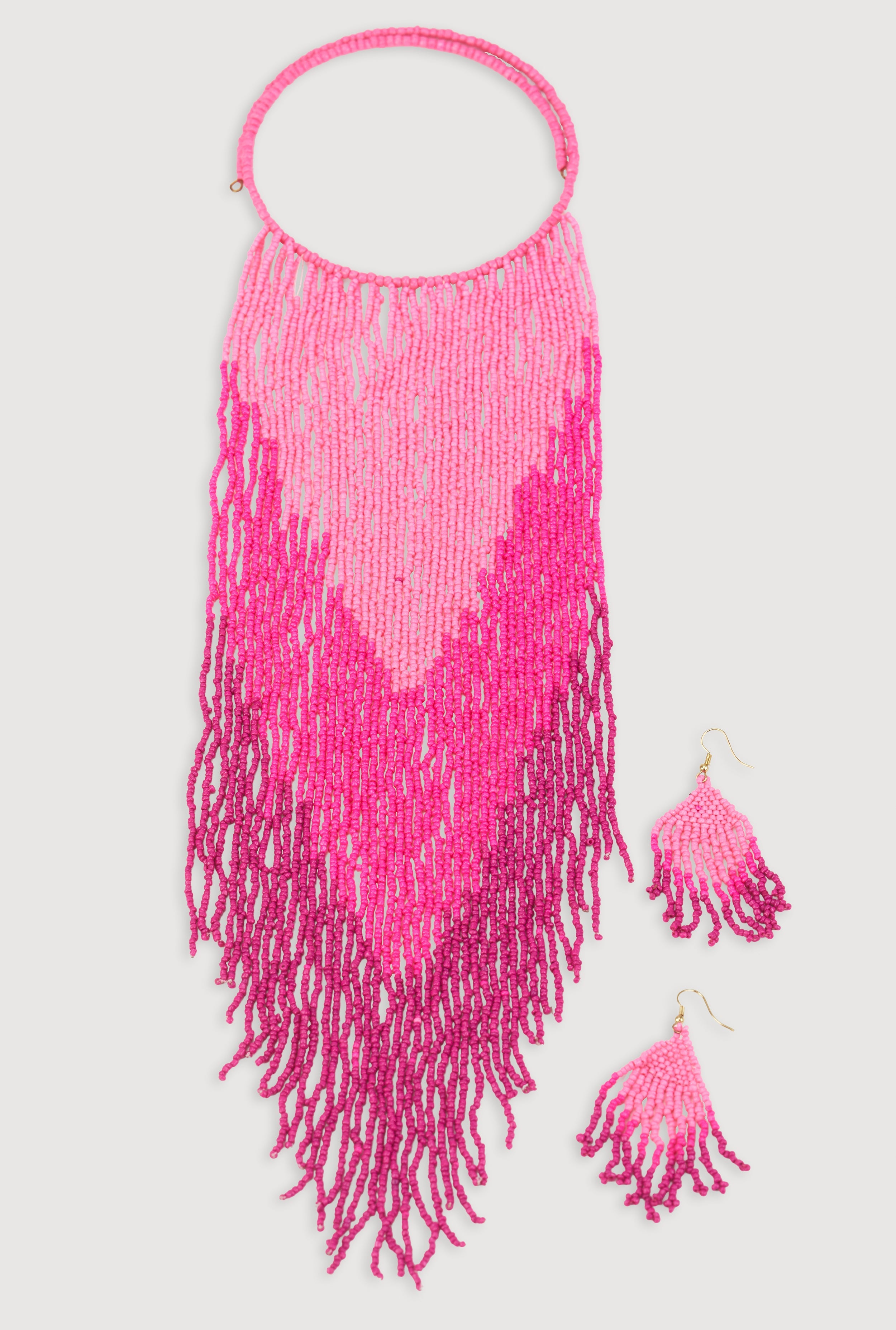 Chevron Beaded Fringe Necklace and Drop Earrings Set