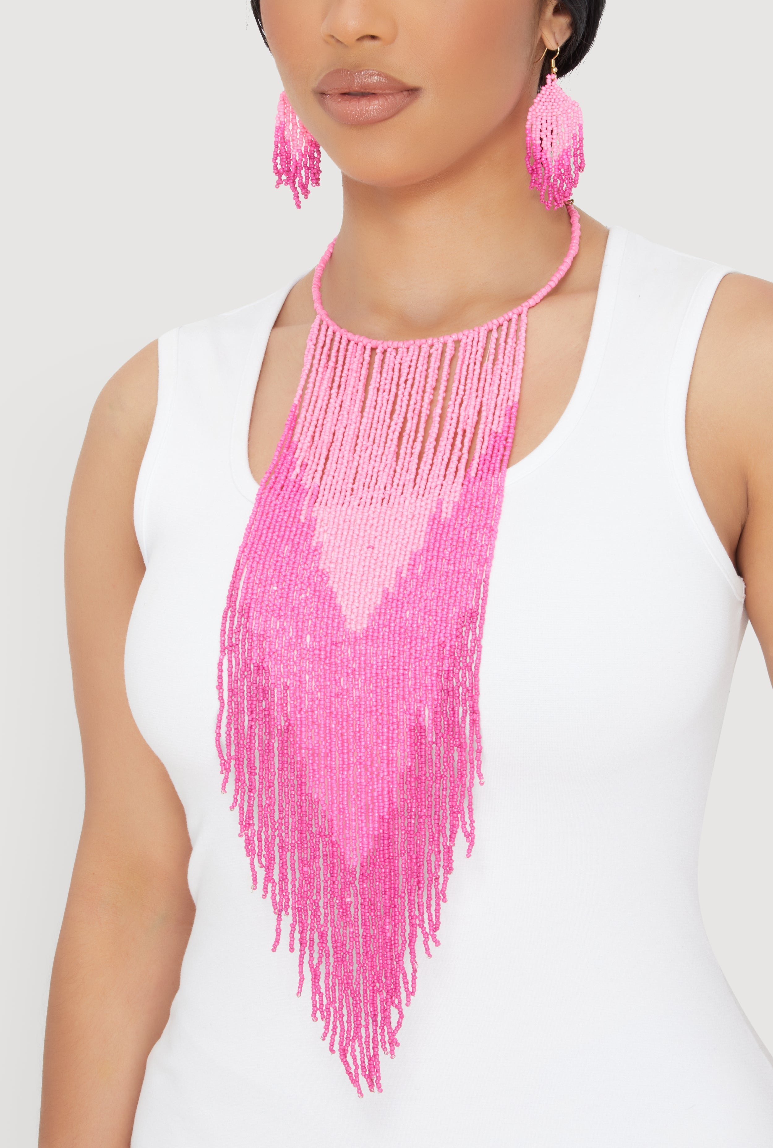 Chevron Beaded Fringe Necklace and Drop Earrings Set