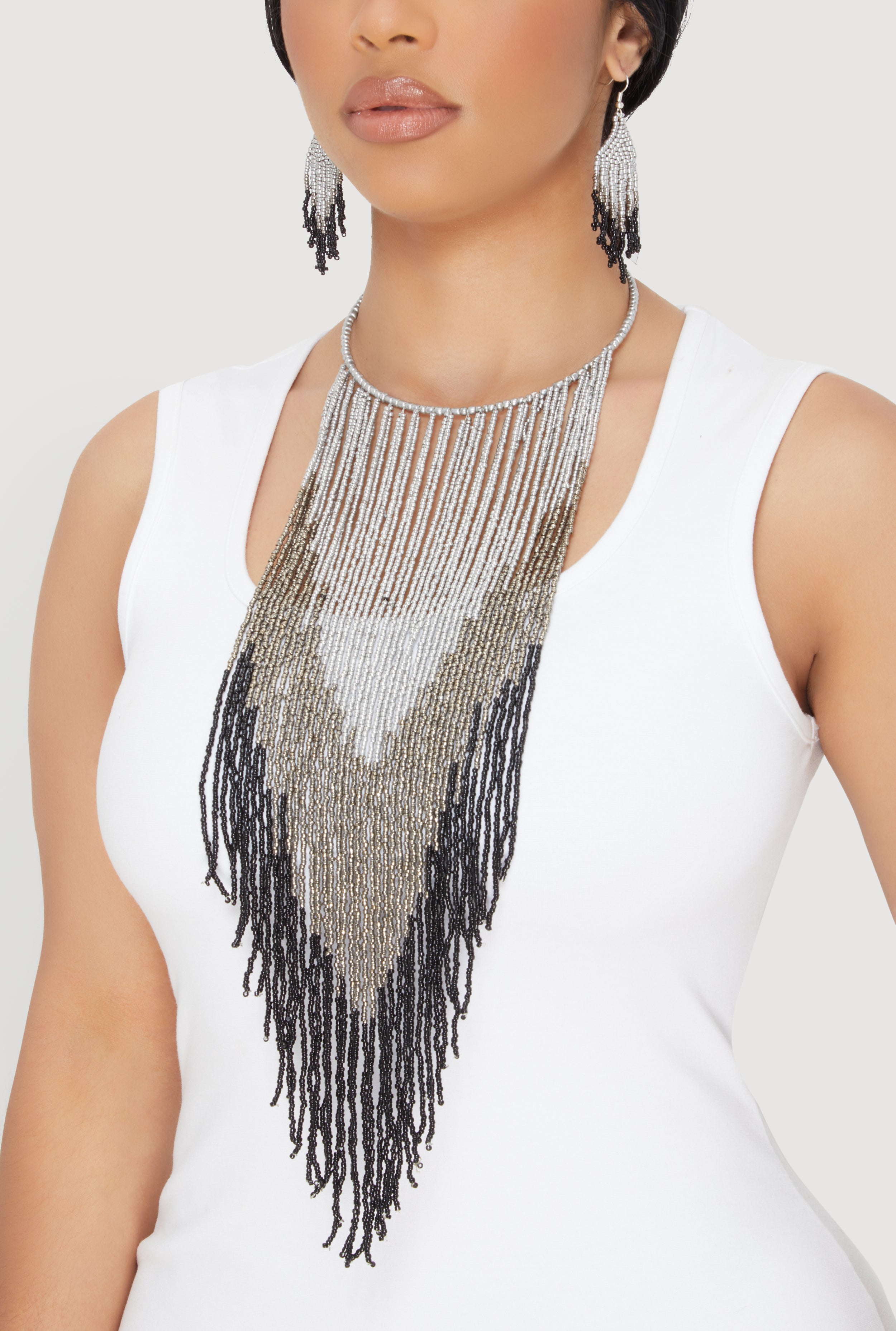 Chevron Beaded Fringe Drop Earrings and Necklace Set
