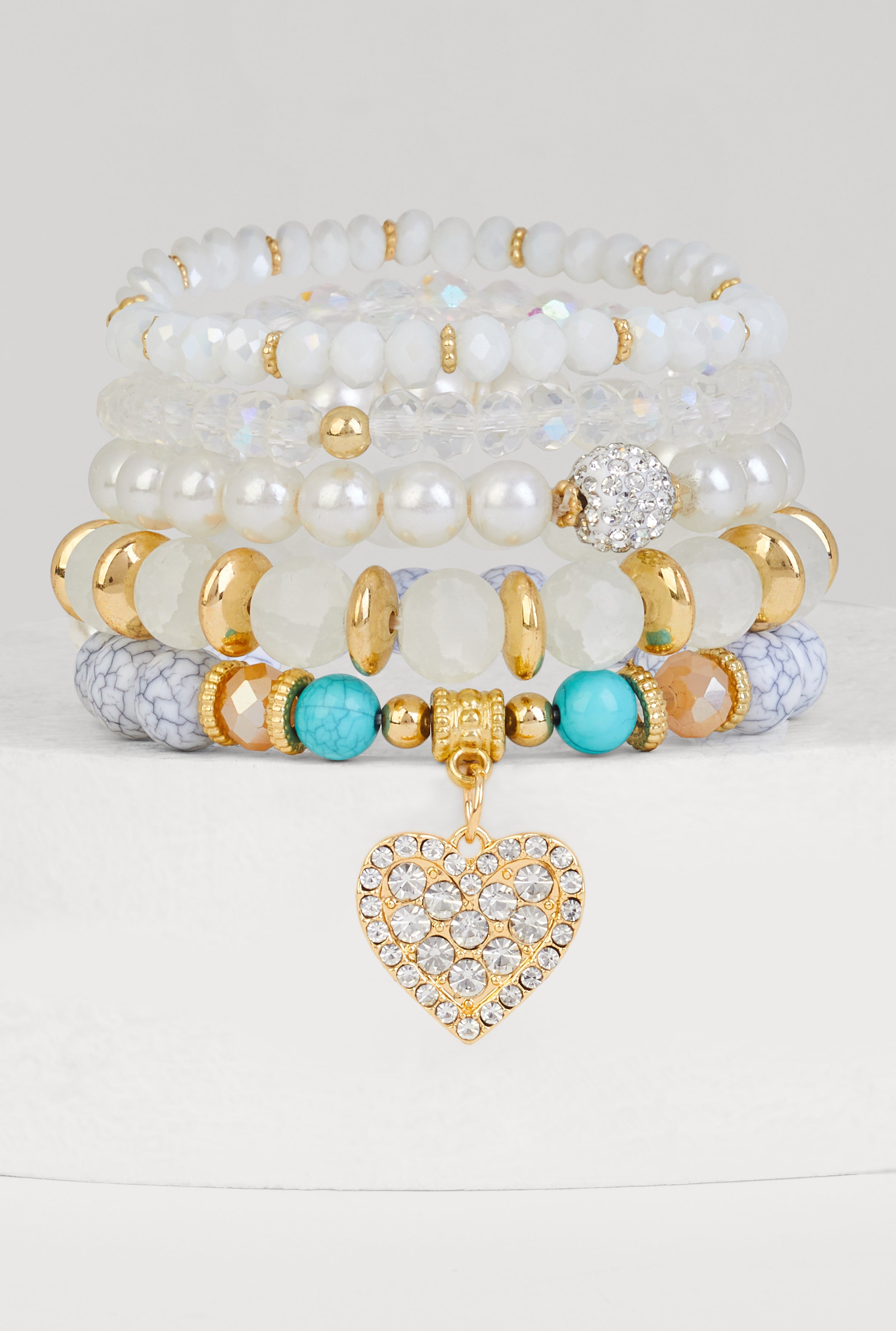 Rhinestone Heart Charm Beaded Stretch Bracelets Set of 5