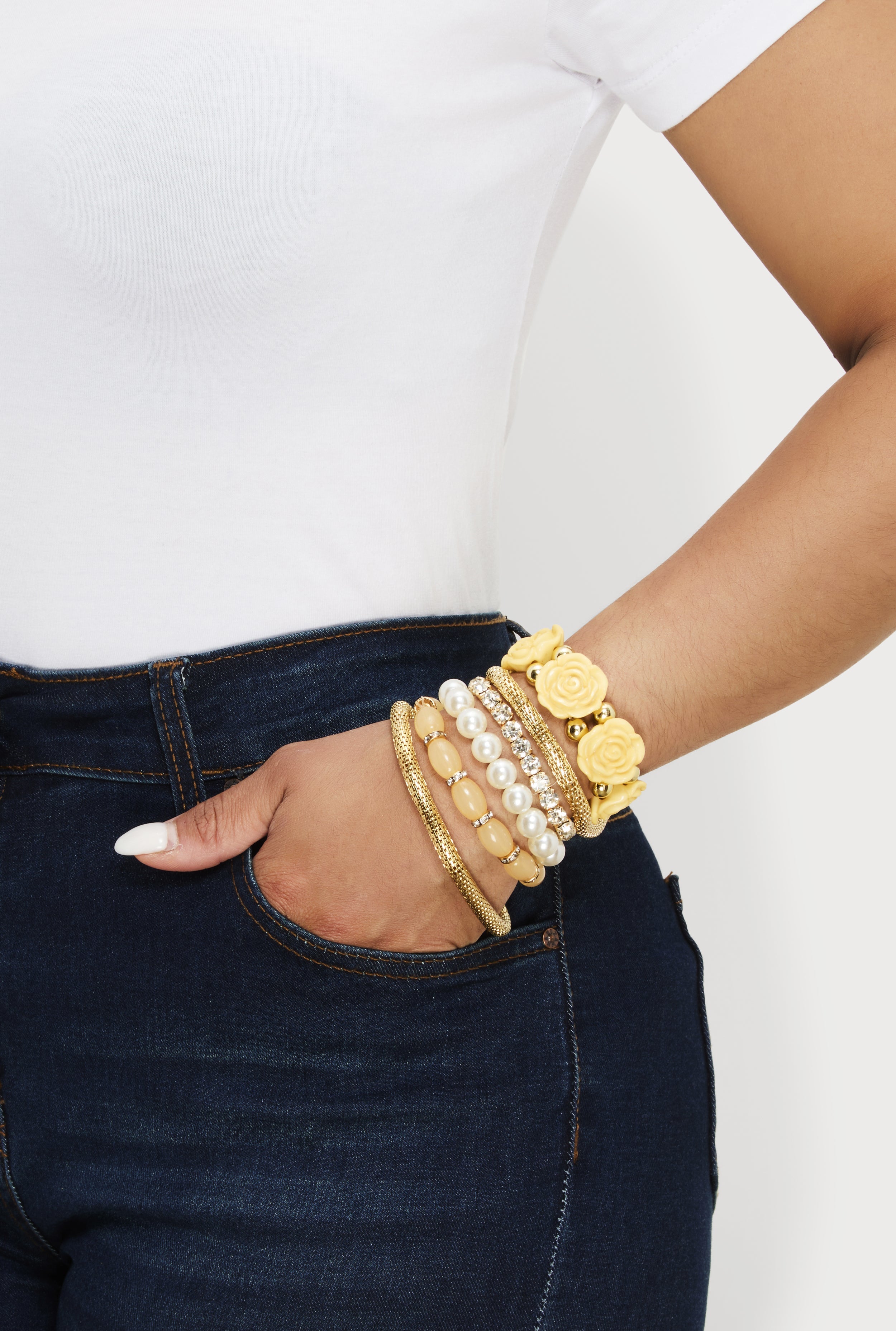 Rose Assorted Faux Pearl Stretch Bracelets Set of 6