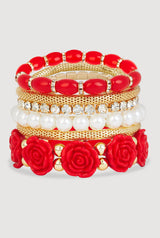 Rose Assorted Faux Pearl Stretch Bracelets Set of 6