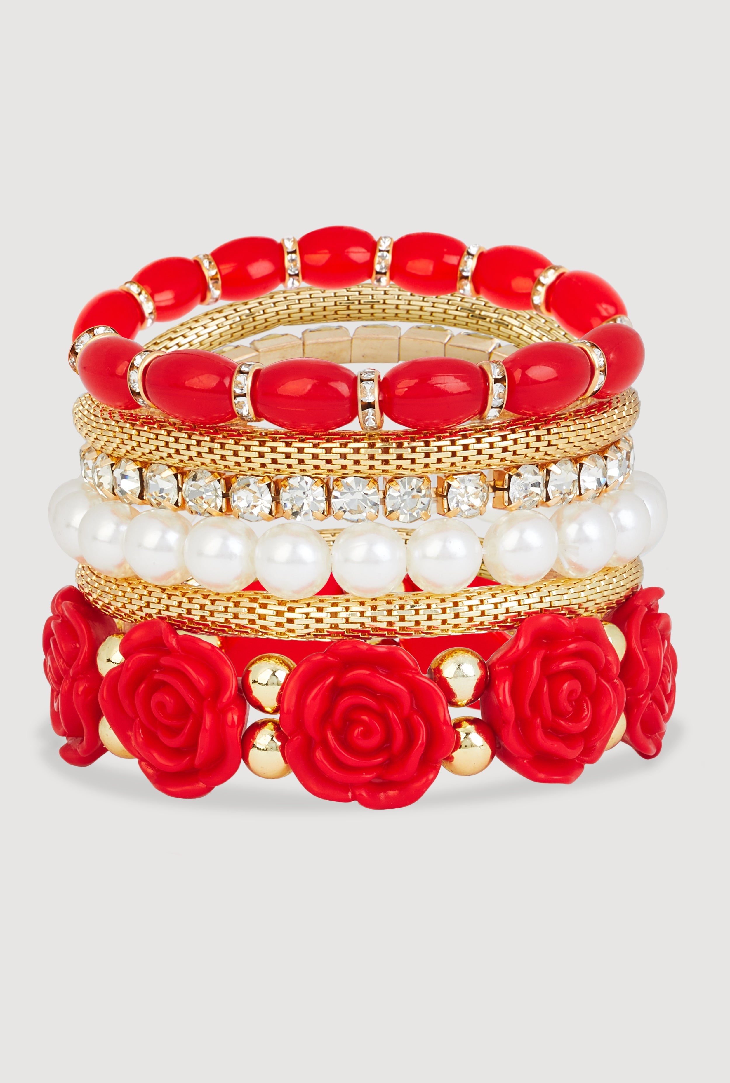 Rose Assorted Faux Pearl Stretch Bracelets Set of 6